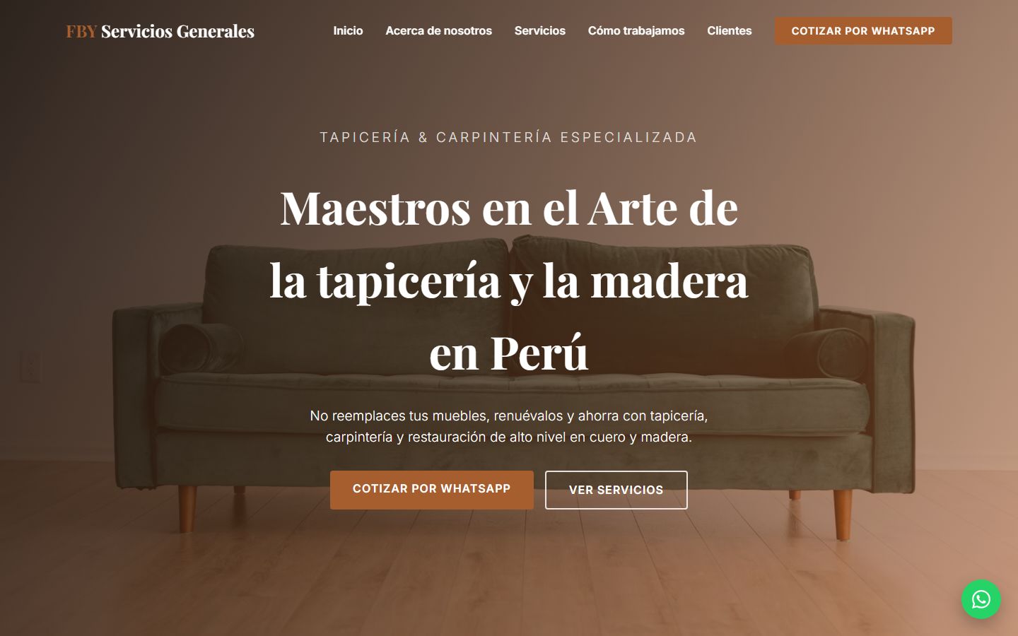 Portada de la web de FBY Servicios Generales con el título «Maestros en el arte de la tapicería y la madera en Perú» y un botón para cotizar por WhatsApp